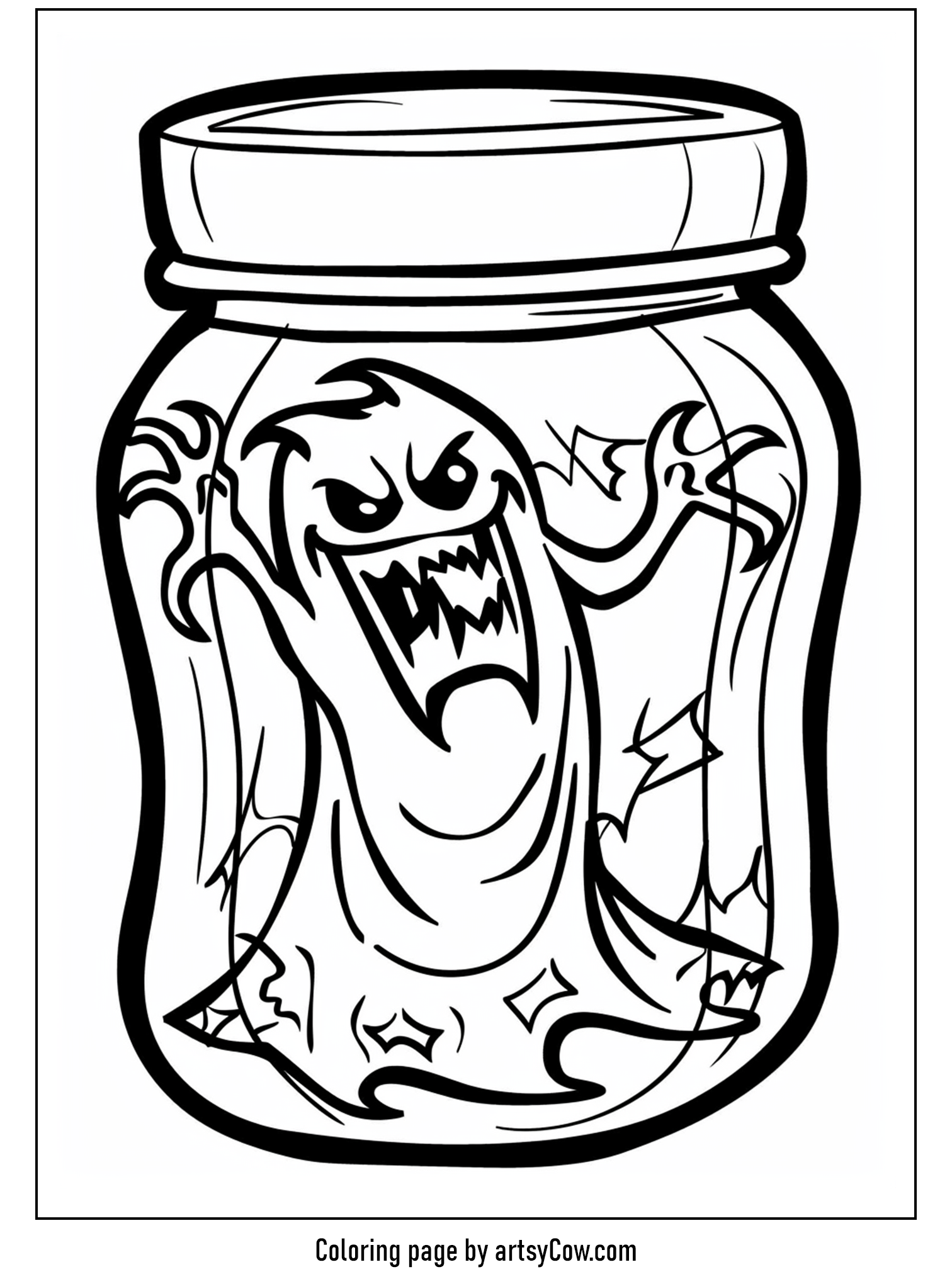 scary halloween coloring pages, featuring a ghost trapped in a jar with a menacing expression and torn edges